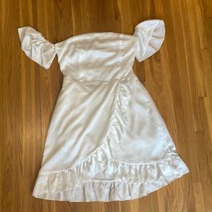 White satin off the shoulder mini dress from Nasty Gal